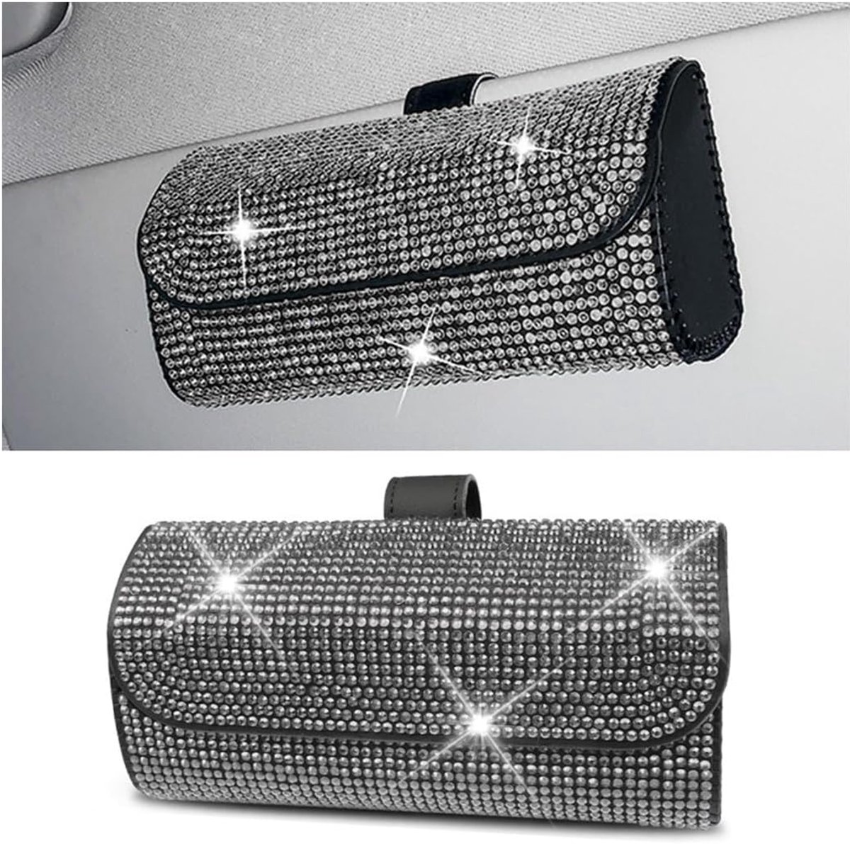 Zonnebrilhouder voor auto - Glanzend grijs - Luxe microvezel en hot diamonds - Bescherming en stijl - ShopVlot