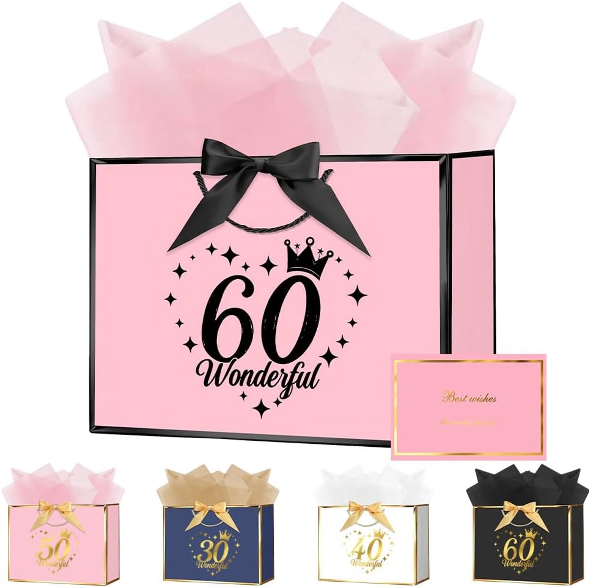 Cadeauzakje 28x20x10 cm - papieren geschenkzakje met lint en 3 kaarten - perfect voor verjaardagen - ShopVlot
