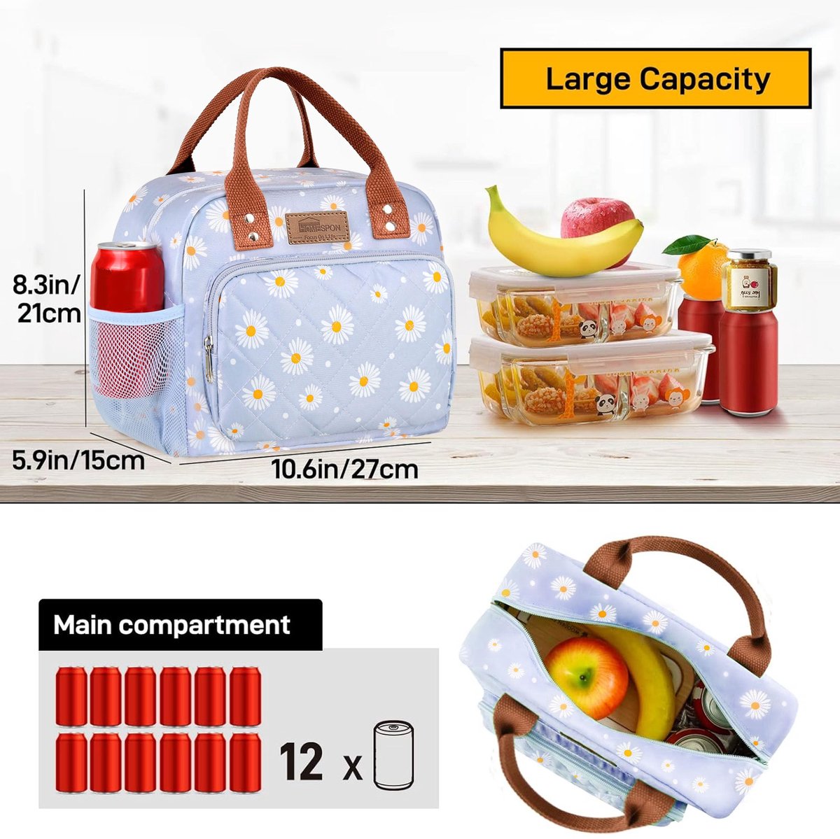 HOMESPON Geïsoleerde lunchtas voor vrouwen mannen dames werk volwassen koele draagtas container met zijzakken - ShopVlot