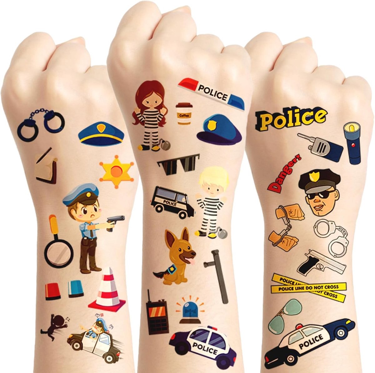 Politiepak kind - Tijdelijke Politietatoeages Stickers - 10 vellen van 12 x 6,8 cm - Huidvriendelijk en Waterbestendig - Voor Kinderfeestjes