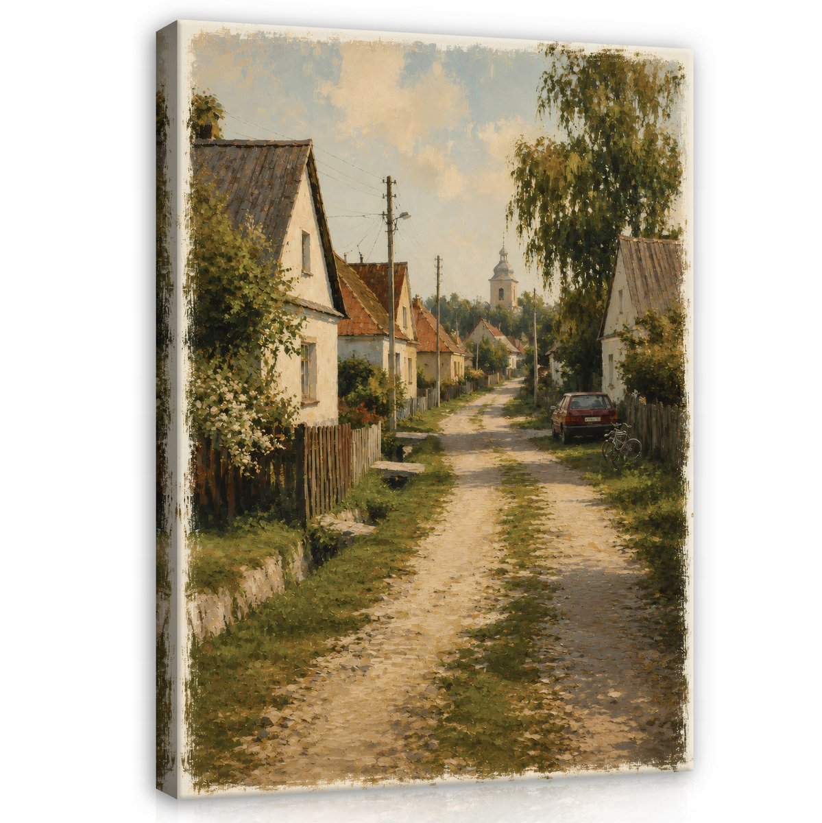 WALLARENA Schilderij op canvas - 40x30 cm - landelijk dorpslandschap in vintage stijl - wanddecoratie voor woonkamer en slaapkamer Beige