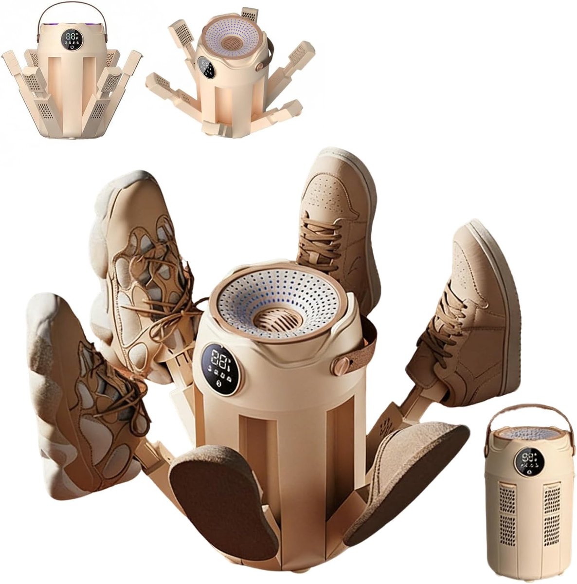 KZQ 6-in-1 elektrische schoenendroger met UV-licht en timer - 360° luchtverdeling voor sneldrogend effect - Opvouwbaar voor schoenen handschoenen hoeden en sokken - Kaki