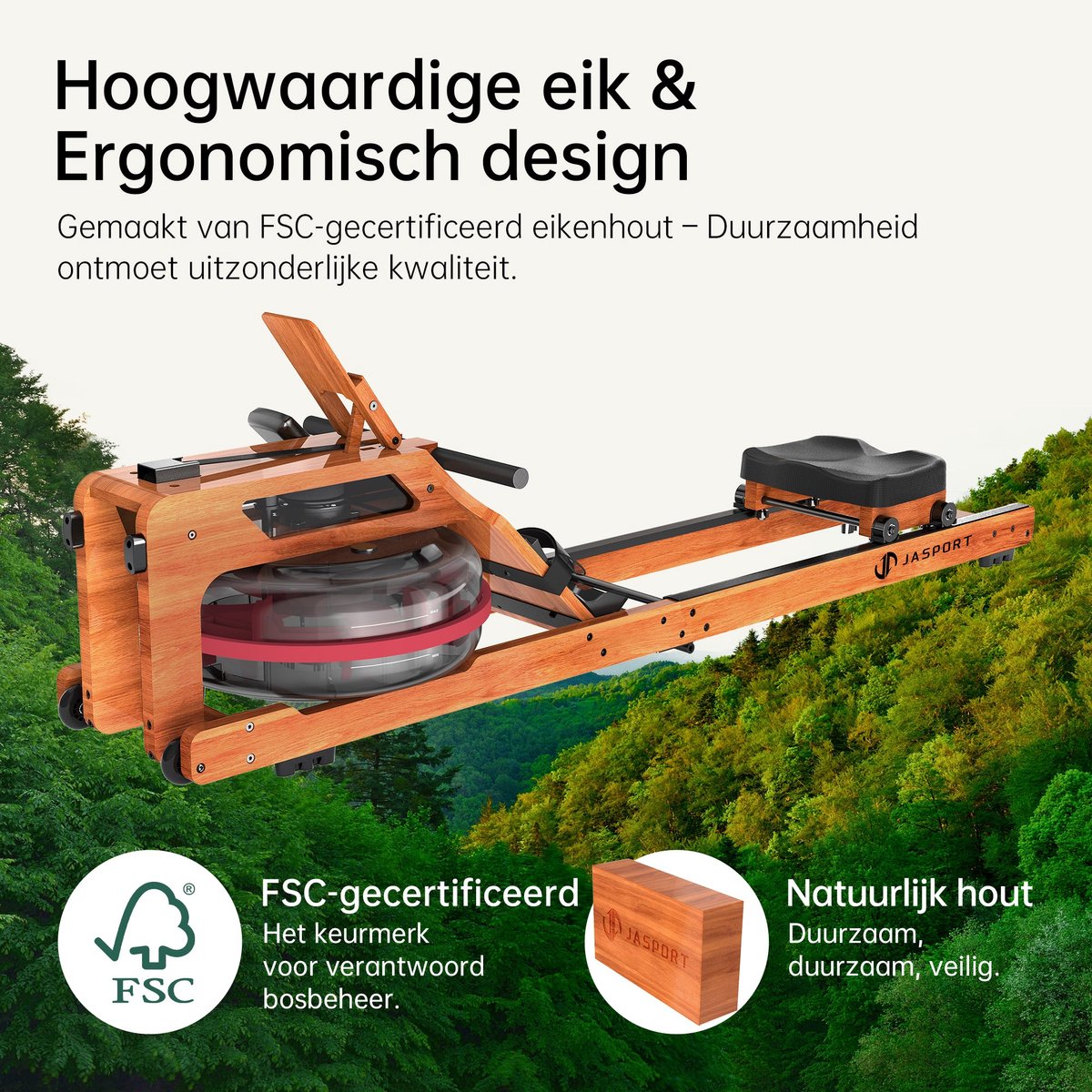 JASPORT R3 Opvouwbare Waterroeier voor Thuis – FSC-gecertificeerd Eikenhout, 28 L Watertank, Bluetooth, Kinomap, LCD-display, Max. 150 kg, Kersenhoutkleur thumbnail 2