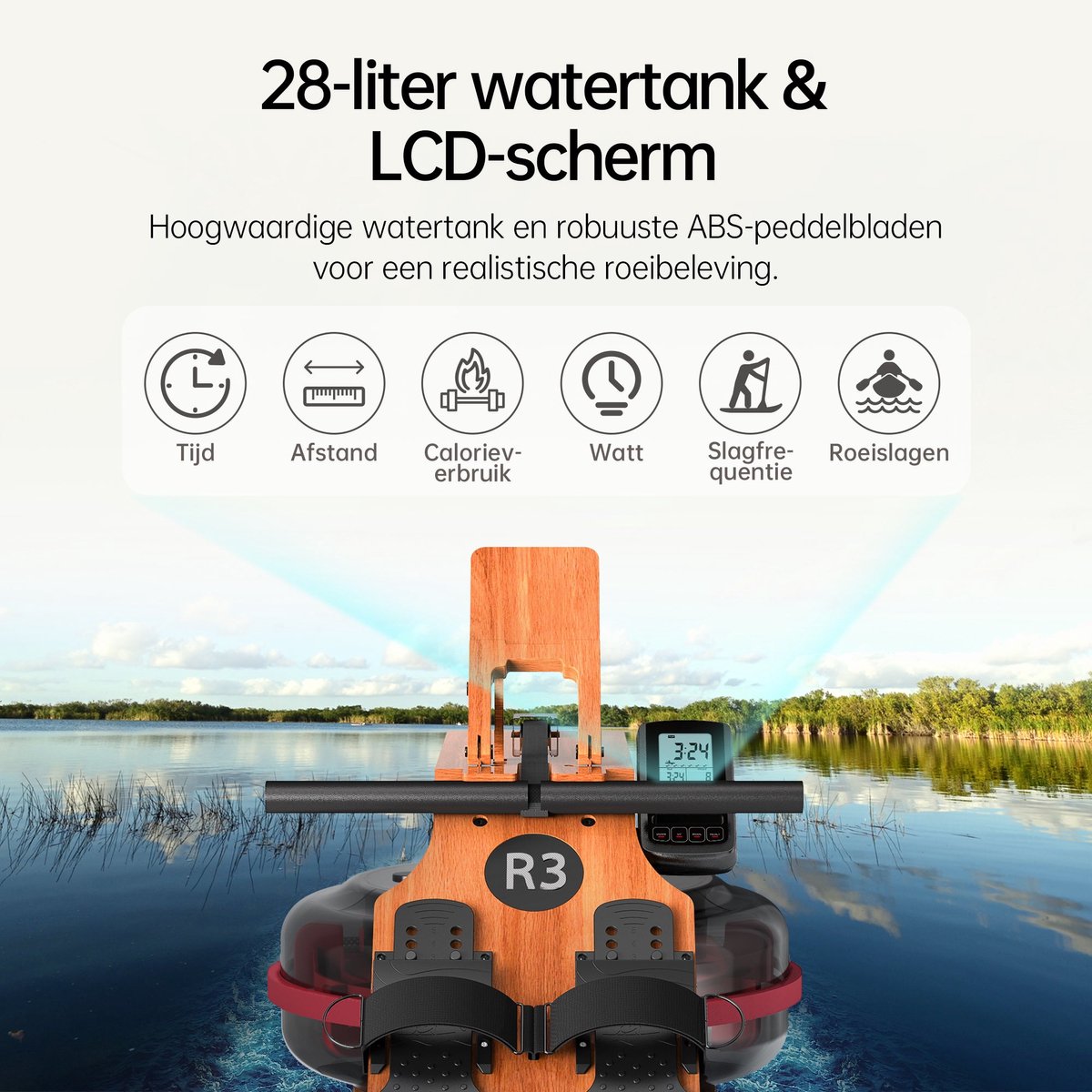 JASPORT R3 Opvouwbare Waterroeier voor Thuis – FSC-gecertificeerd Eikenhout, 28 L Watertank, Bluetooth, Kinomap, LCD-display, Max. 150 kg, Kersenhoutkleur thumbnail 3