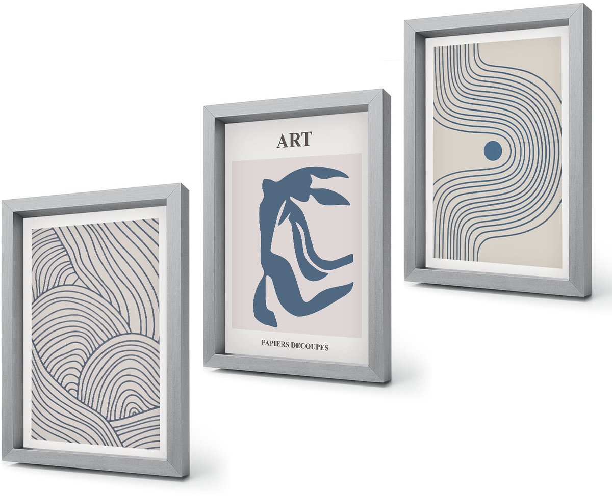 Coloray 4-Delige Schilderij Set - Abstracte patronen van lijnen en vormen in blauwe tinten - 20 x 30 cm - Muurdecoratie - Interieur Decoratie - Stijlvolle Muurdecoratie Zilveren lijst