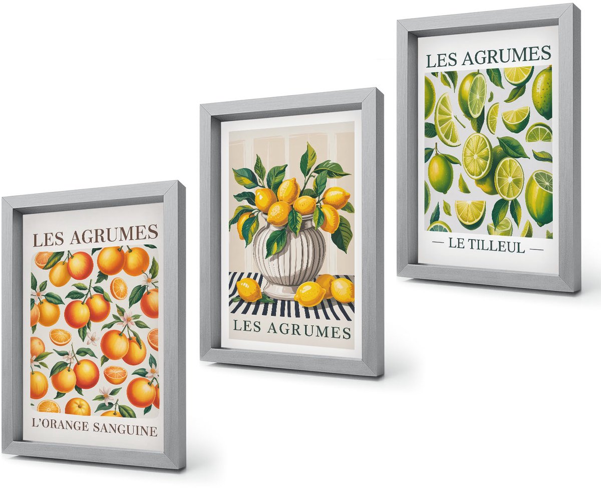 Coloray 4-Delige Schilderij Set - Citrusvruchten in diverse kleurrijke en verse varianten - 20 x 30 cm - Muurdecoratie - Wanddecoratie - Slaapkamer Zilveren lijst