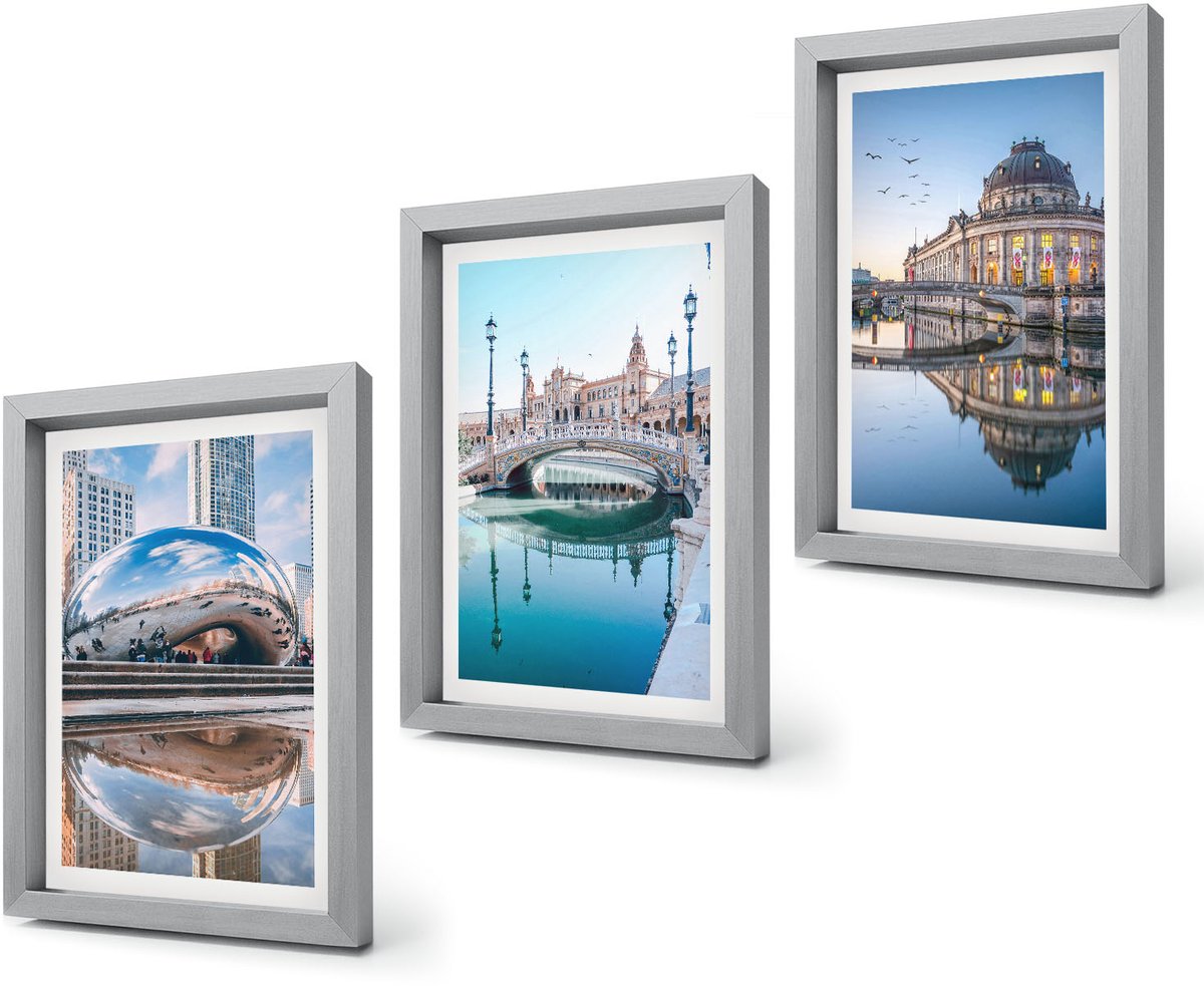 Coloray 4-Delige Schilderij Set - Stadsarchitectuur met weerspiegeling in het water - 20 x 30 cm - Wanddecoratie - Schilderijen Set - Interieur Zilveren lijst