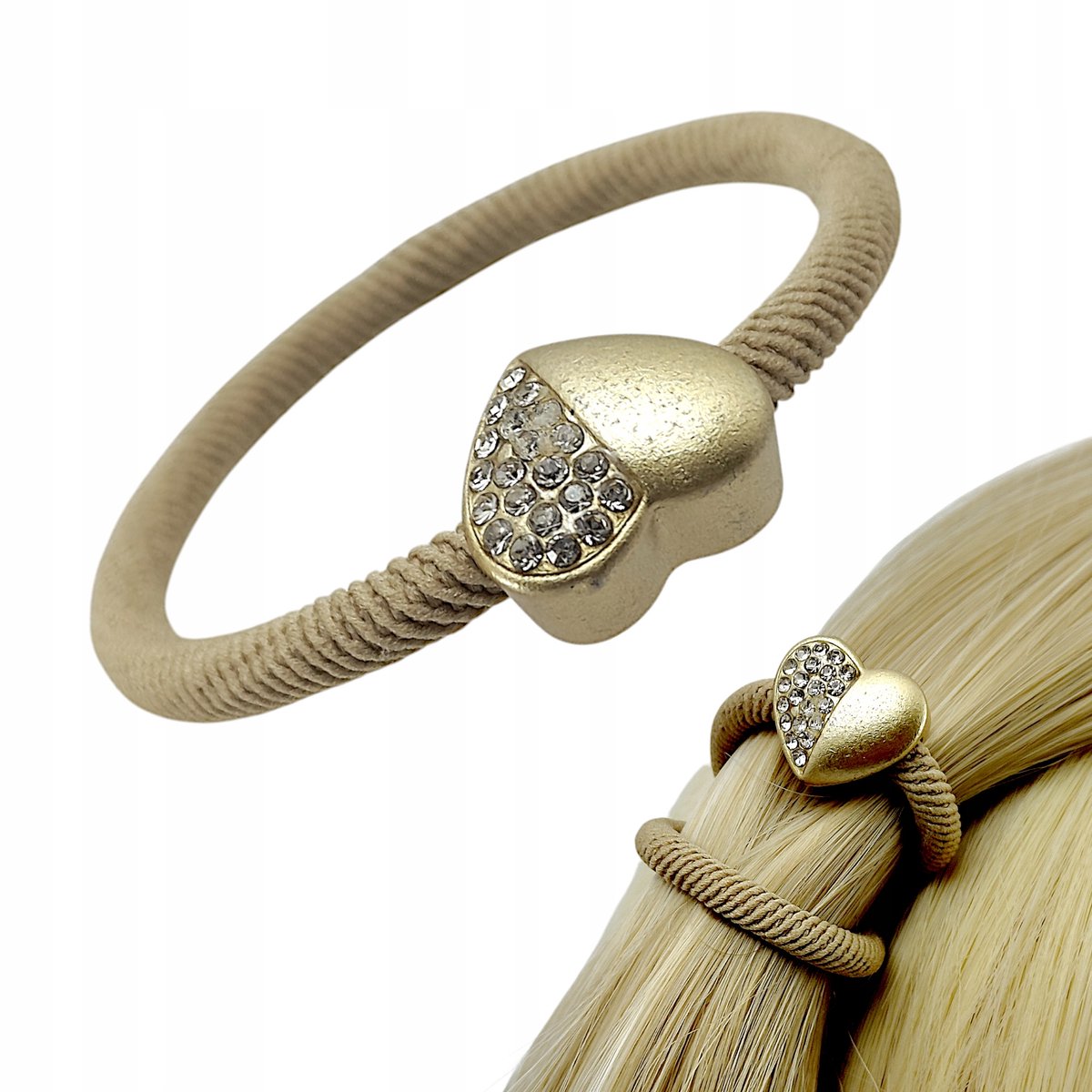 Set van 2 Beige Haar Scrunchies met Gouden Hart en Zirkonia