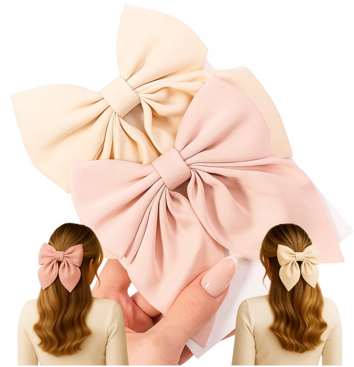 Set van 2 Grote Strik Haarspelden - Beige & Lichtroze
