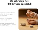Vrouw voegt haarolie toe aan een voedende pod om te gebruiken met de haardroger. Text: Zo gebruik je het Oil Diffuser opzetstuk