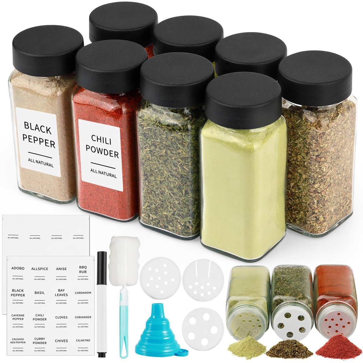 Dailygoods- Kruidenpotjes Set 8 Stuks - 120ml Vierkante Glazen Potjes - Etiketten en Strooideksels - Trechter en Schoonmaakborstel - Organisatie voor Kruiden - Specerijpotjes