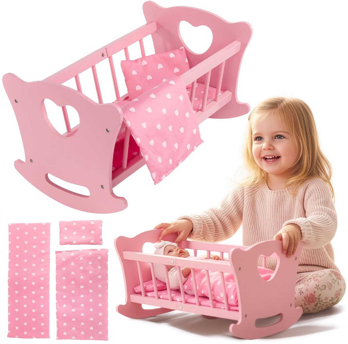 Dailygoods- Poppenbed - Set met dekbed/kussen - Veilig voor kinderen - Gecertificeerde verf - Afmetingen 51,5 x 32 x 29,5 cm - Binnenlengte 49,5 cm - Poppenwieg