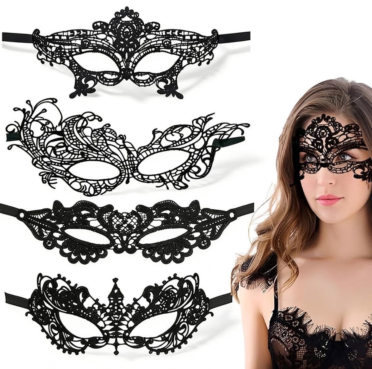 Dailygoods - 4 Stuks Venetiaans Kanten Masker voor Dames - Sexy Oogmaskers voor Feestelijke Gelegenheden