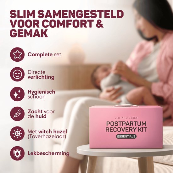 Postpartum Recovery Kit essentials in roze doos met icoontjes: Complete set, directe verlichting, hygiënisch schoon, zacht voor de huid, met witch hazel, lekprotectie.