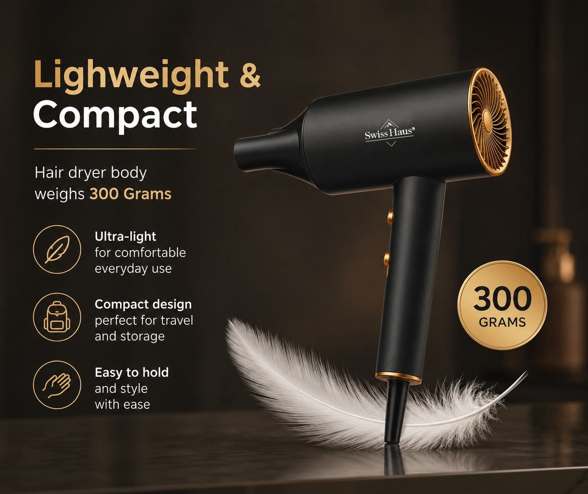 Swiss Haus® HD2320 Föhn 2000W - Professionele Haardroger - Sneldrogend - Cool Shot Functie - 2 Warmtestanden - Concentrator Opzetstuk - Oververhittingsbeveiliging - Zwart/Goud thumbnail 2