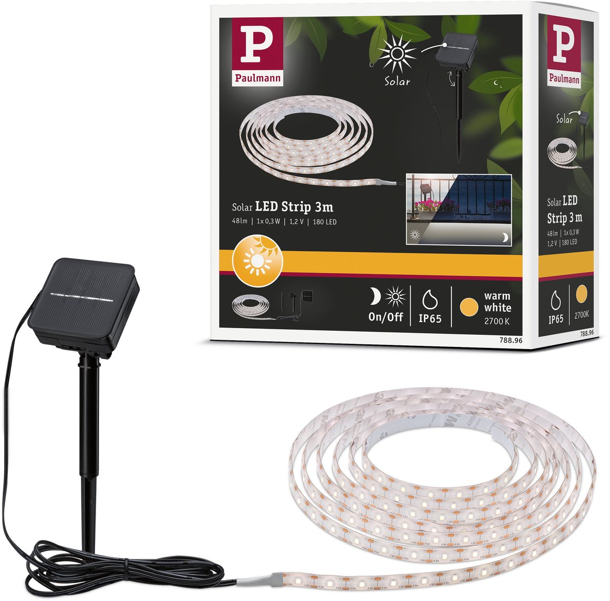 Paulmann Solar LED Strip 3 Meter Warmwit 2700K - IP44 - Met Schemersensor - 0,3W - 60 LEDs/m Zwart