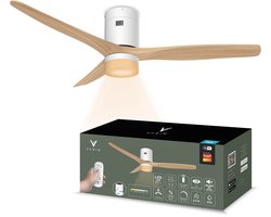 Varin® Smart Plafondventilator met verlichting - Ø 132cm - Wit/Lichthout - LED CCT 18W - Super stil 20dB - 6 snelheden - Woonkamer - Slaapkamer - Tuya WiFi - App & Afstandsbediening