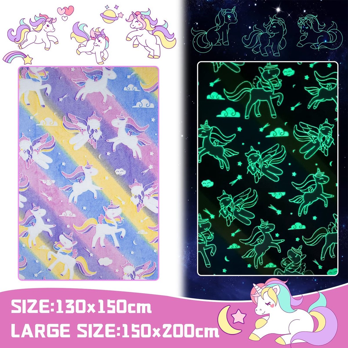 Dailygoods - Knuffeldeken voor kinderen, eenhoorn-deken, knuffeldeken, licht in het donker, zachte flanellen deken voor jongens, meisjes en tieners, bed, bank, pluizige deken (eenhoorn-03, 130 x 150 cm)