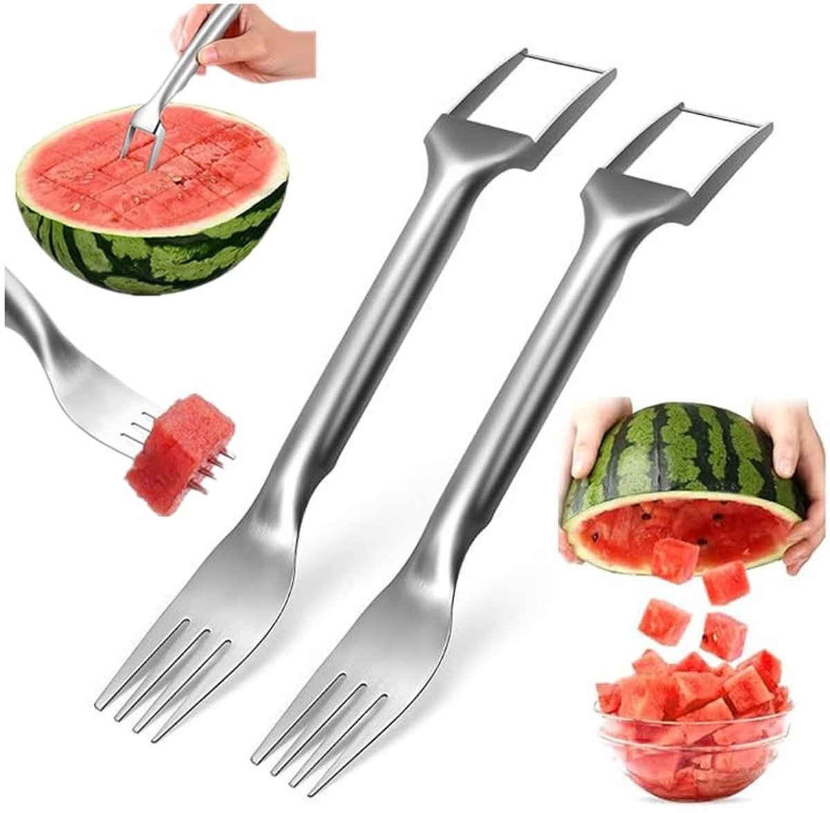 Dailygoods- Watermeloen Vorksnijder 2-in-1 - Draagbaar Snijgereedschap - Roestvrij Staal - Fruitsnijmachine - Geschikt voor Meloenen - Afmeting 26 x 3,6 cm - Fruitsnijder