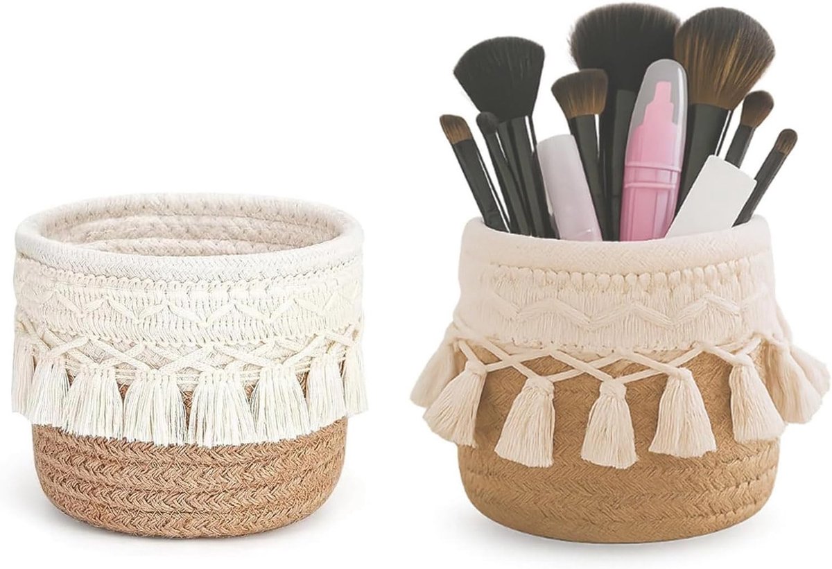 Dailygoods - 2 stuks kaki penseelhouders, boho decoratieve opbergmand, gevlochten mand, cosmetica-organizer met kwasten voor make-uptafel, mini-make-uphouder voor het opbergen van make-upkwasten
