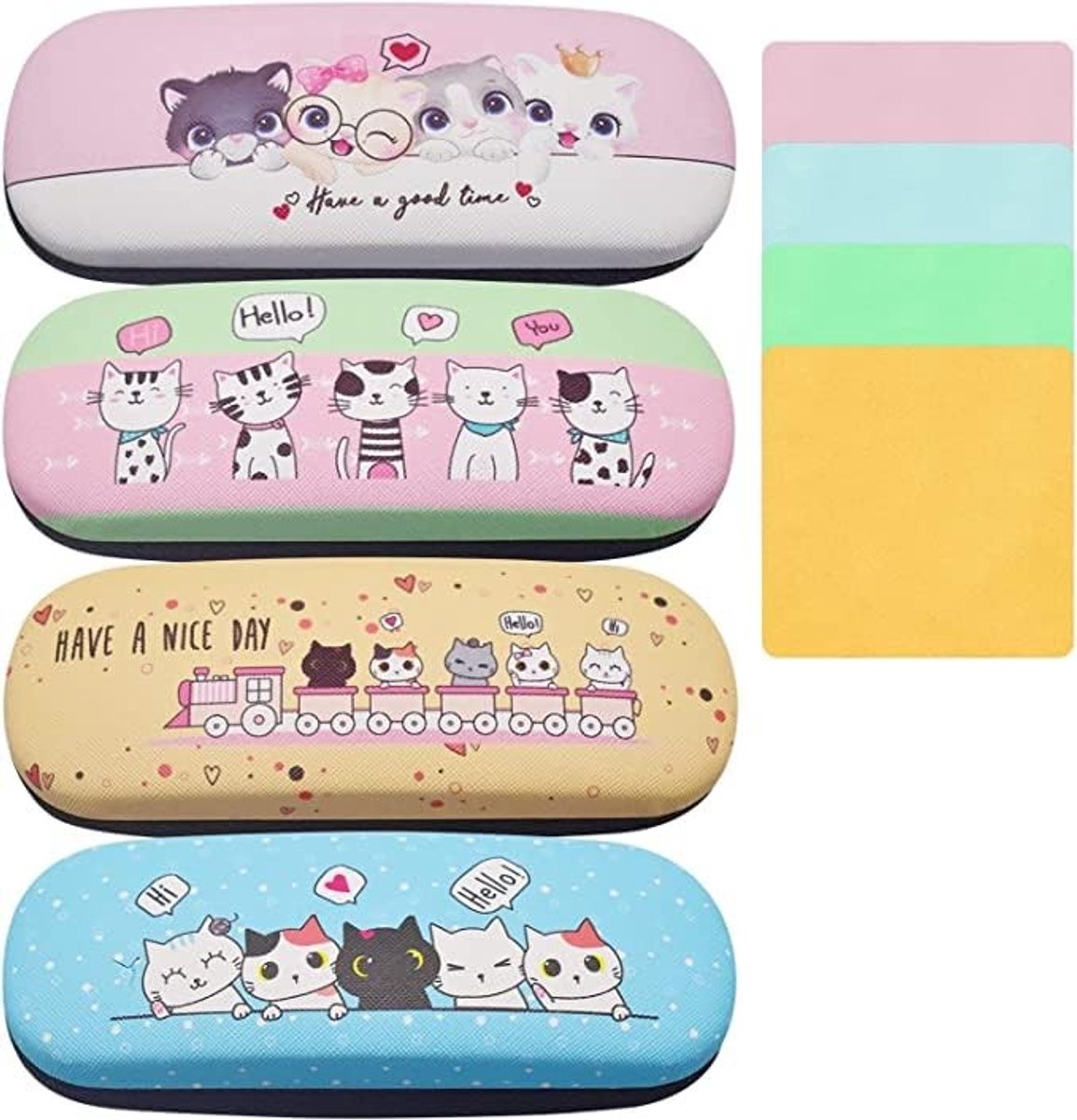 Dailygoods - Brillenhoes, 4 stuks Schaap E Brillendoos Hartschalendoos Hardcase Clamshell Brillenhoes met 4 Brildoekjes voor Brilbescherming voor de Meeste Brillen (Katzen)