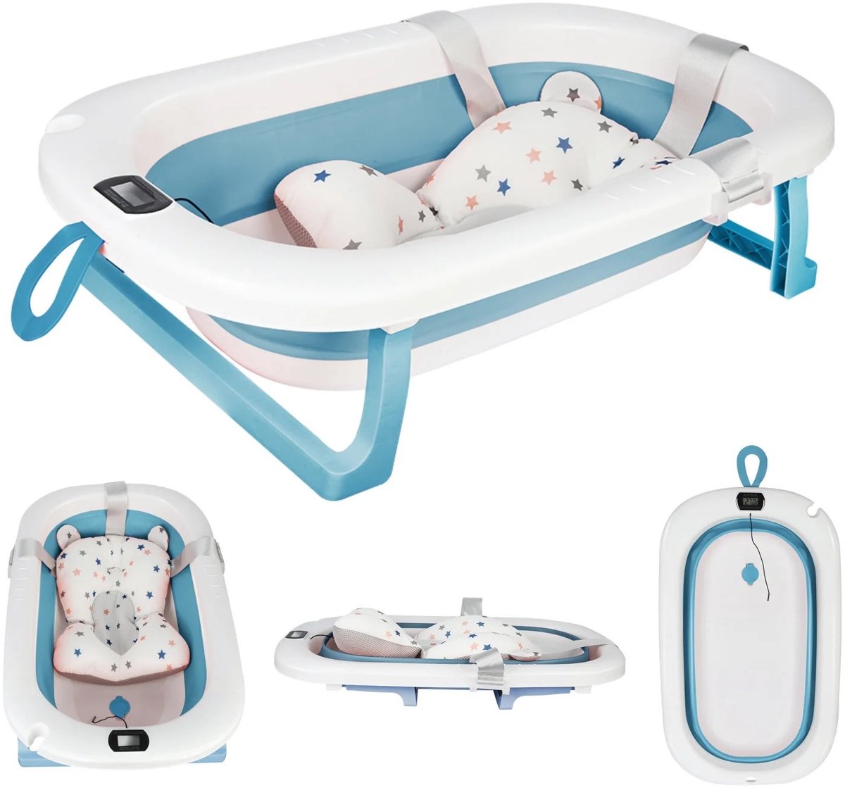 Dailygoods Opvouwbaar babybadje, badje voor pasgeborenen, babybadje, 3-in-1, met thermometer, opvouwbaar, antislip, 6 ma