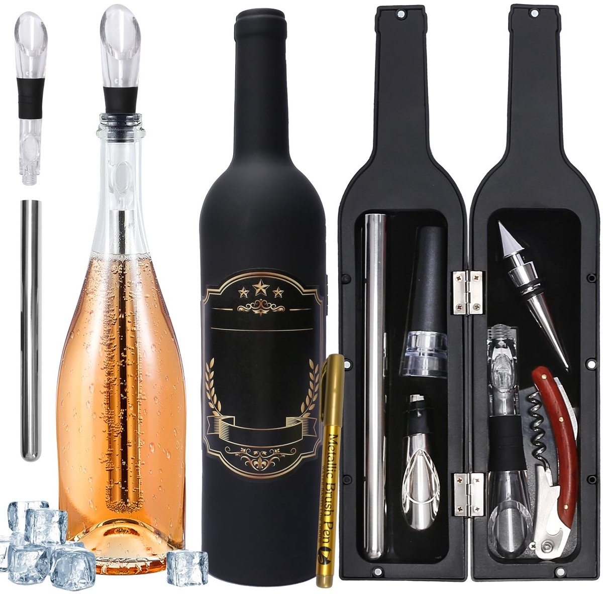 Dailygoods- Wijnflesaccessoireset Luxe - Wijnkoeler - Kurkentrekker van Roestvrij Staal - Vacuümpomp - Schenktuit - Inclusief Gouden Pen en Stickers - Wijnaccessoires