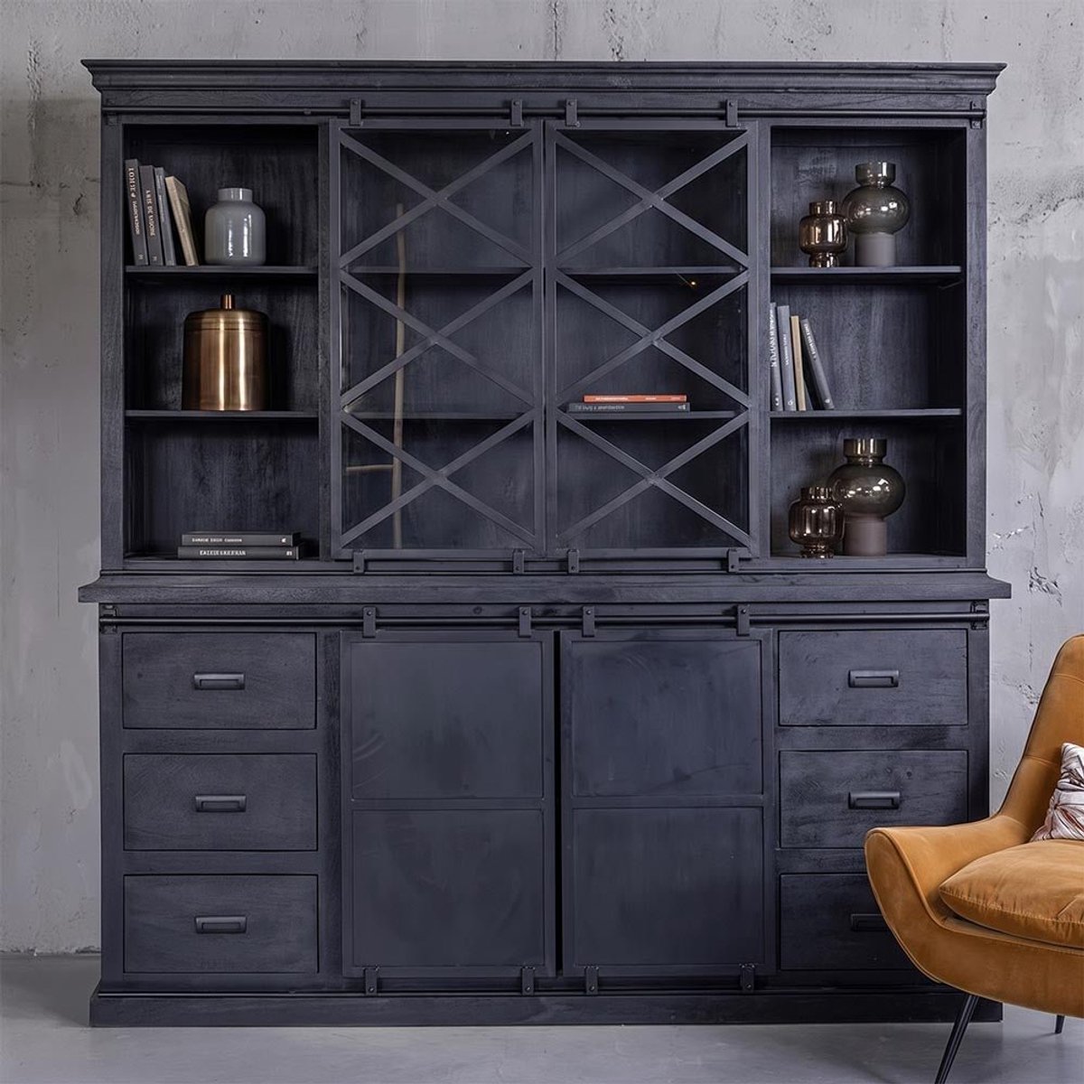 Mangohouten Buffetkast Denver Black 200x220 cm X Mahom Industrieel - Vitrinekast van Mangohout & Metaal - Industriële Buffetkast
