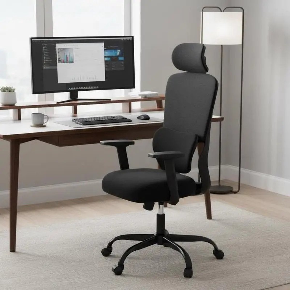Dailygoods Bureaustoel met hoofdsteun, ergonomische stoel met verstelbare rugleuning, lendensteun en armleuningen, draai