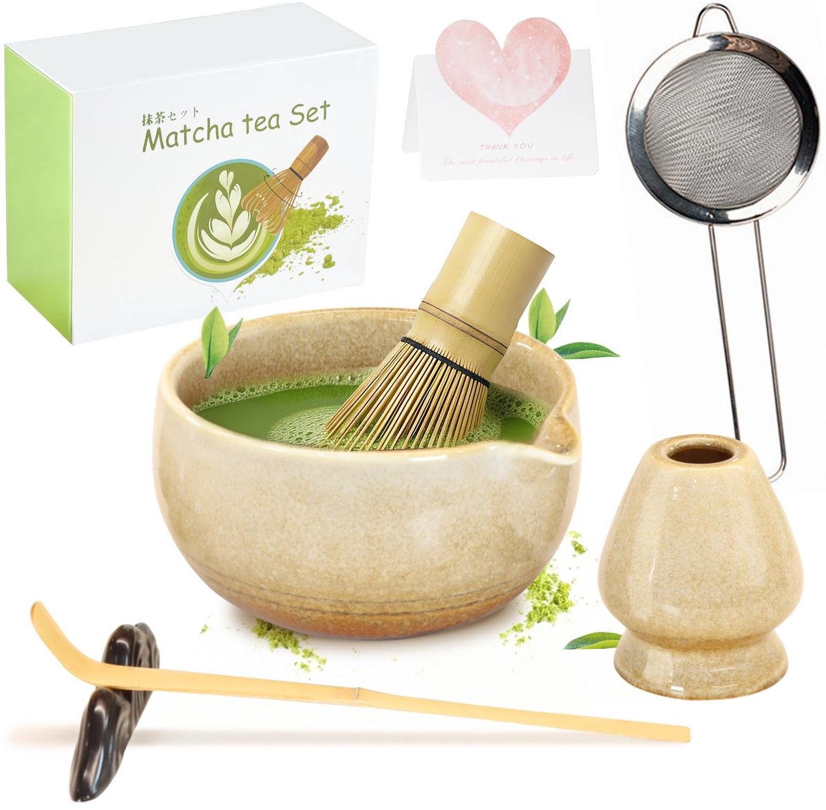 Dailygoods- Matcha Set Premium 7-delig - Keramische Matcha Kom - Bamboe Matcha-Klopper - Matcha Lepel - Matcha Zeef - Voedselveilig. - Theeset