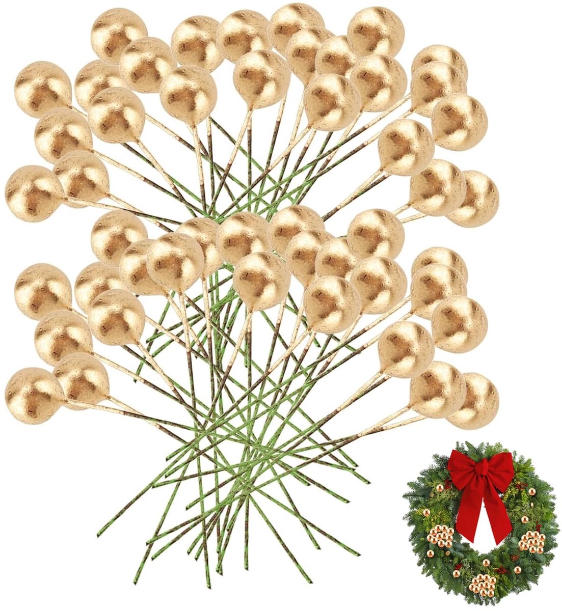 Dailygoods- Nep Bessen 100 Stuks - Kunstmatige Hulstbessen - Gouden Decoratie - Kerstboom Versiering - DIY Craft - Schuim met Metaaldraad - Kerstdecoratie
