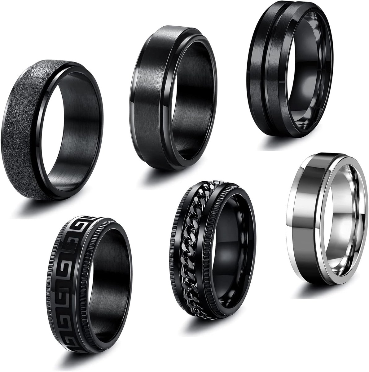 Solidchoice- Herenringen Set - 6 Stuks - Roestvrij Staal - Zwarte Draairingen - Keltische Ringen - Verstelbaar - Maat 54-70 - Ringenset