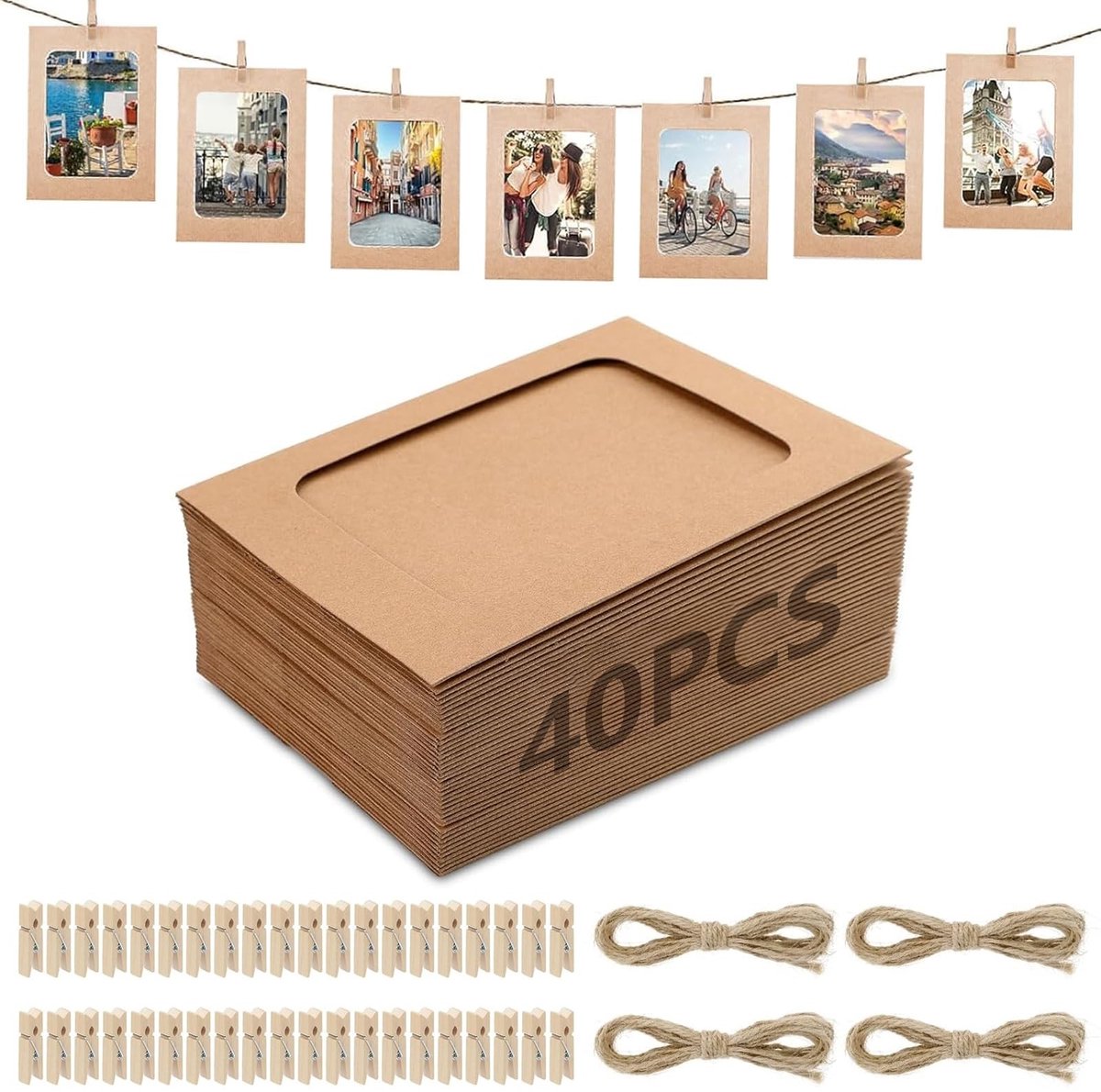 Dailygoods- Fotolijsten 10x15 cm - 40 Stuks Papieren Fotolijsten - Houten Klemmen - Jute Koorden - Eenvoudige Montage - Creatieve DIY Projecten - Fotolijsten Set