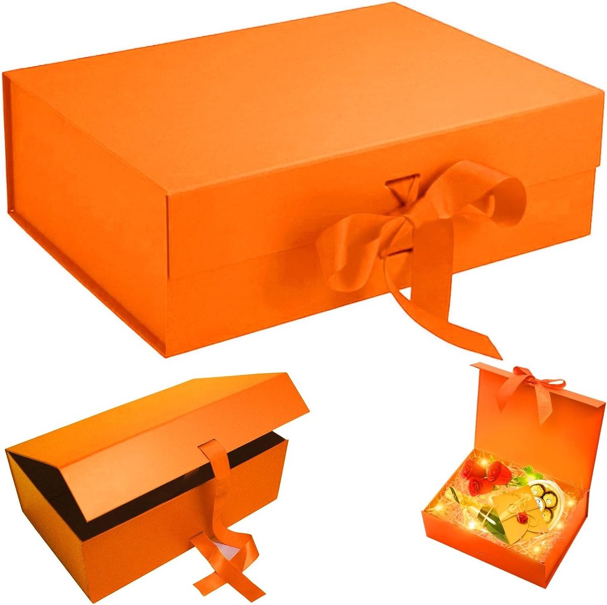 Cadeaubox met Deksel en Strik, 21 x 17 x 7 cm, Magnetische Doos voor Verjaardag, Bruiloft en Feestdagen (Oranje)