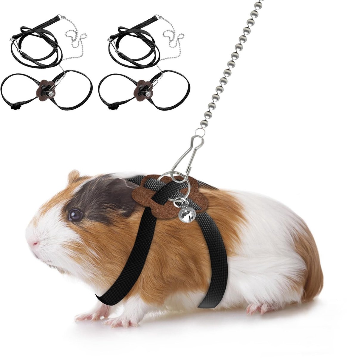 Dailygoods- Harnas Verstelbaar - 2 Stuks - Riem voor Hamsters/Fretten/Jonge Konijnen - Met Belletje - Zwart - Geschikt voor Ratten/Muizen - Dierenharnas