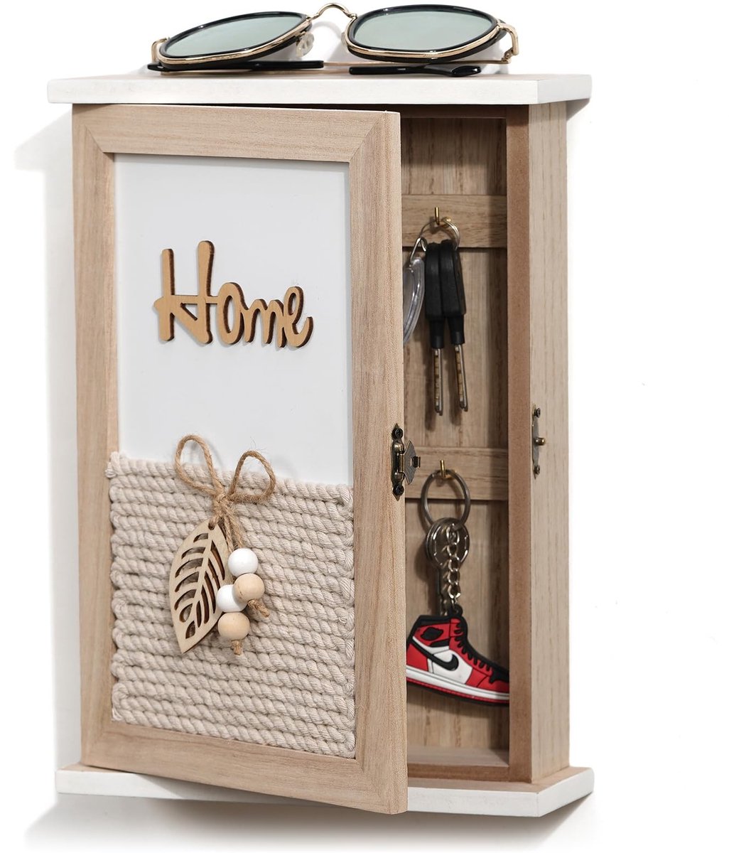 Dailygoods- Sleutelkast Houten Sleutelbox - Sleutelhanger met Bladeren - Wandorganizer - 6 Sleutelhaken - Decoratief - 28x20x7 cm - Sleutelhouder