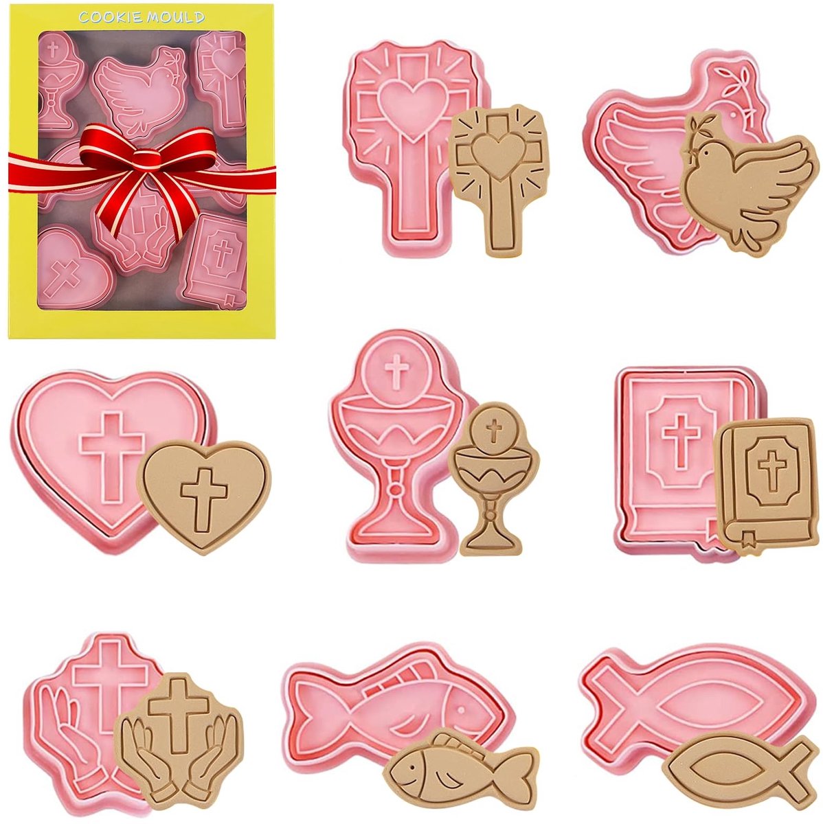 Dailygoods- Uitsteekvormpjes 8 Stuks - 3D Kunststof - Doop/Communie/Vormsel - Decoratie - Diverse Motieven - Hoge Kwaliteit - Koekjesuitsteekvormpjes