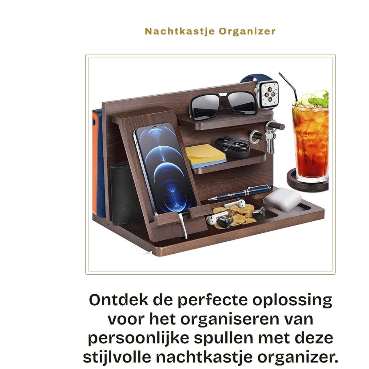 Dailygoods- Nachtkastje Houten Organizer - Nachtkastje met Laptopvak - Nachtkastje met Planken - Nachtkastje met Haken - Nachtkastje met Telefoonbasis - Uniek Cadeau voor Mannen