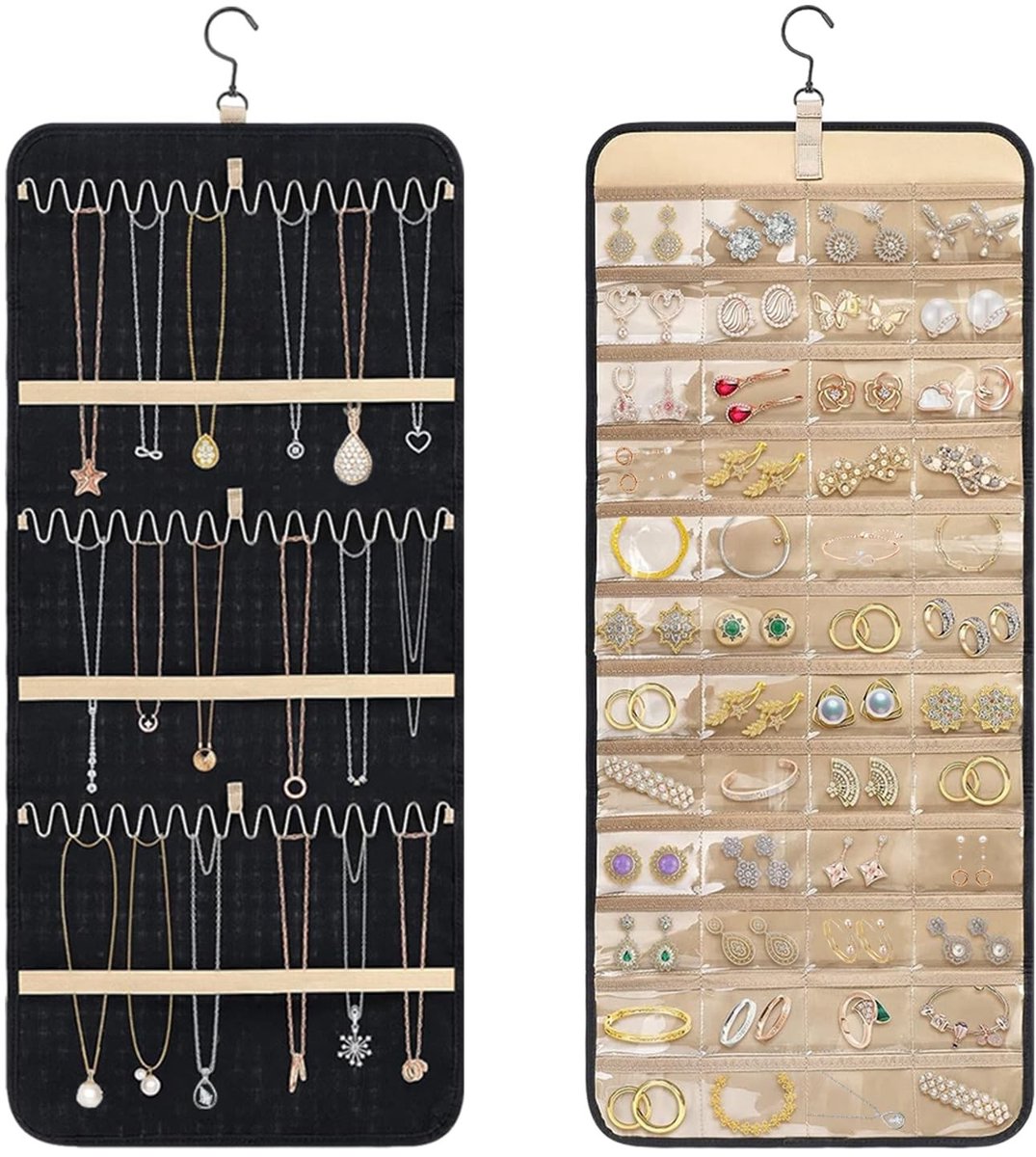 Dailygoods- Sieradenstandaard Dubbelzijdig - Organizer voor Oorbellen/Kettingen - 32 Opbergzakken - Armbanden/Ringen/Horloges - Lengte 88 cm - Sieradenorganizer