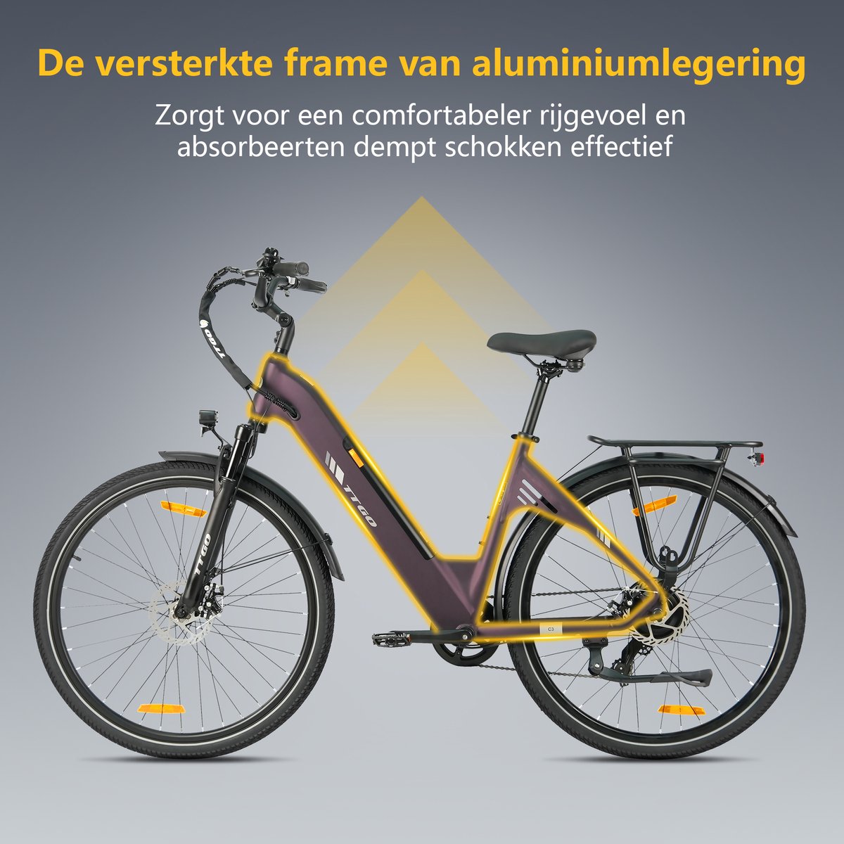 TTGO C3 Elektrische Fiets - 28 Inch E-Bike Stadsfiets - Tot 120 km Actieradius - 648Wh Accu met Hoge Capaciteit - Schijfremmen - Shimano 7 Versnellingen - Aluminium Frame - Maximaal Draagvermogen 125 kg - Paars – foto 7