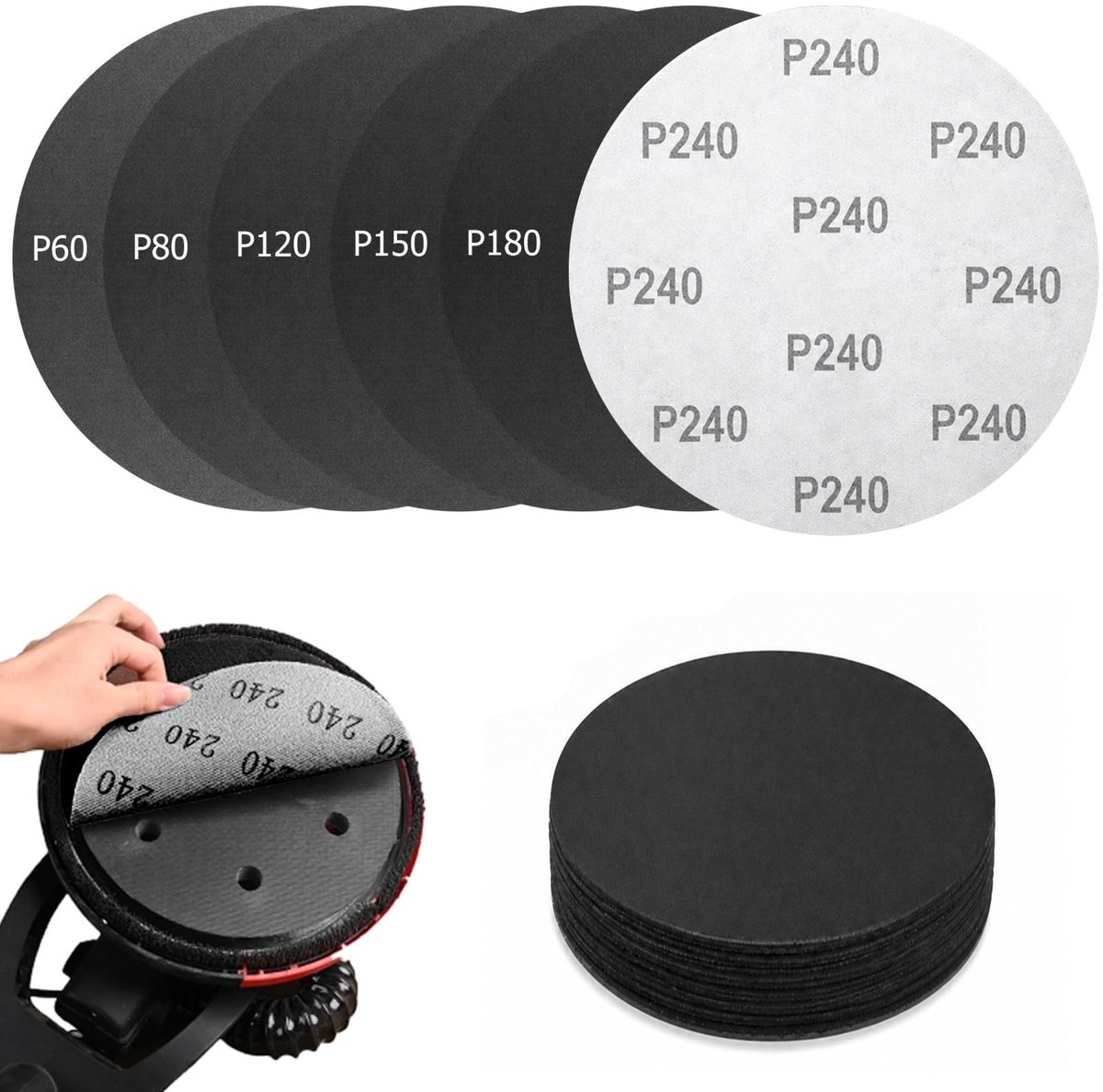 Dailygoods- Schuurroosters 225 mm - Set van 30 stuks - Klittenband - Korrel P60/P80/P120/P150/P180/P240 - Rond - Voor droogbouwschuurmachine - Schuurpapier