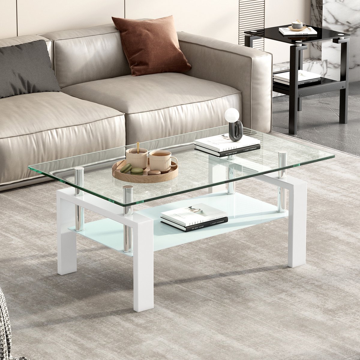 DESMIU Salontafel – Modern Tafelblad Van Gehard Glas Met Twee Niveaus – Voor Woonkamer En Compacte Ruimtes – Metaal En Glas – Wit – 100x60x44 Cm