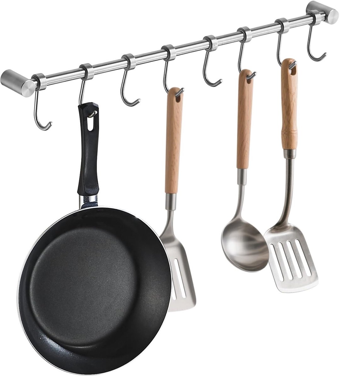 Dailygoods- Hangrek met 8 haken - Wandgemonteerd - Roestvrij staal - Organizer voor gereedschap - Voor keuken/badkamer - Belastbaarheid 20 kg - Ophangrail