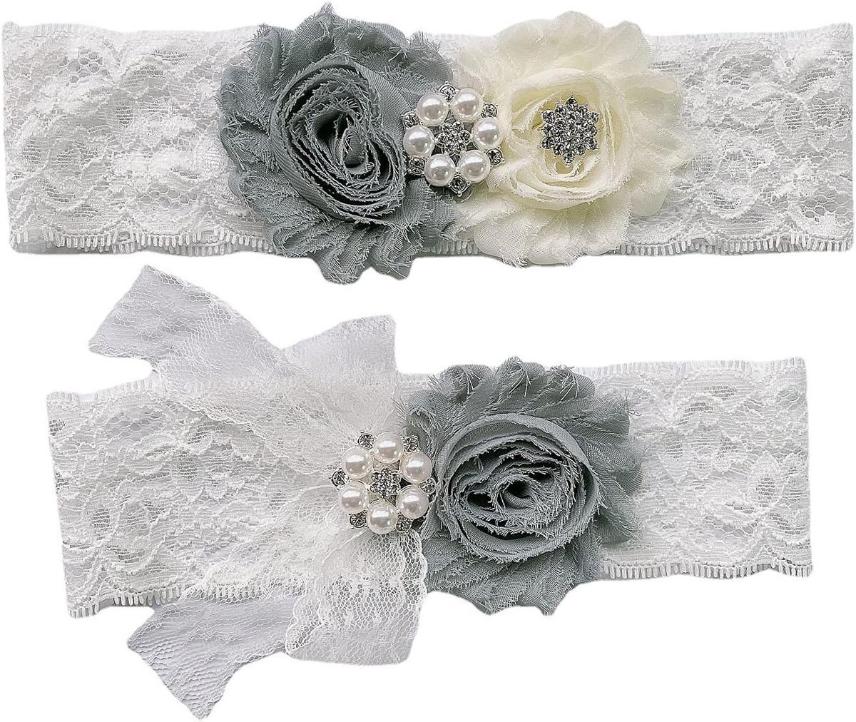 Elegante Bruids Garter Set met Bloemen, Kanten en Parels - Elastische Ondergoed Accessoires voor Trouwen in Grijs, Perfect voor Bruidsdecoratie