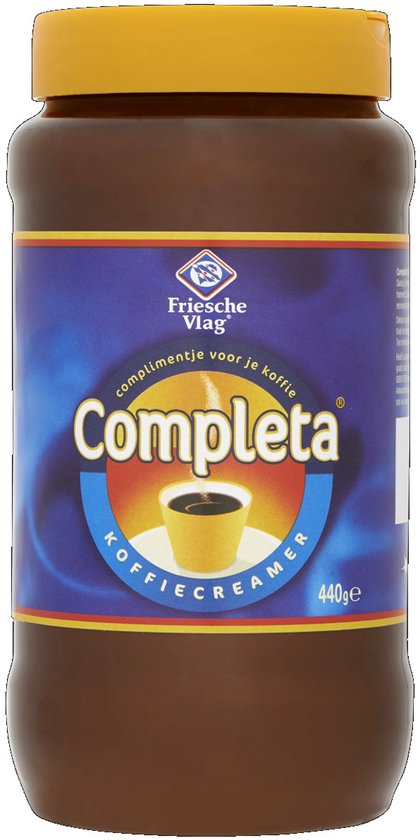 Friesche Vlag Completa koffiecreamer, 440g, in bruine pot met blauw etiket en gele dop.