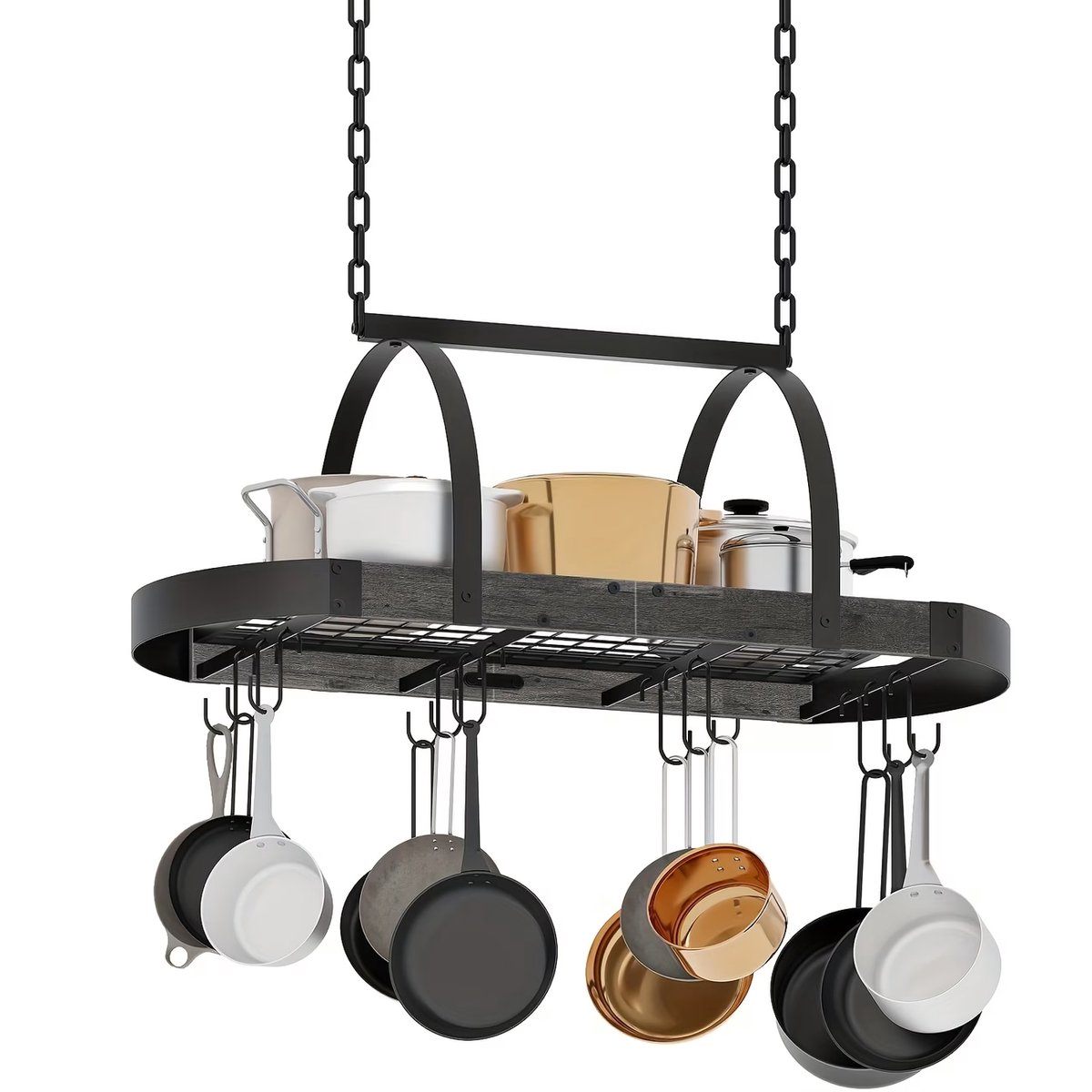 CINK Home® Hangend Pannenrek Plafond – Ovaal Keukenrek met 12 Haken – Industrieel Opbergrek voor Pannen, Mokken & Keukengerei – Zwart – 80 cm