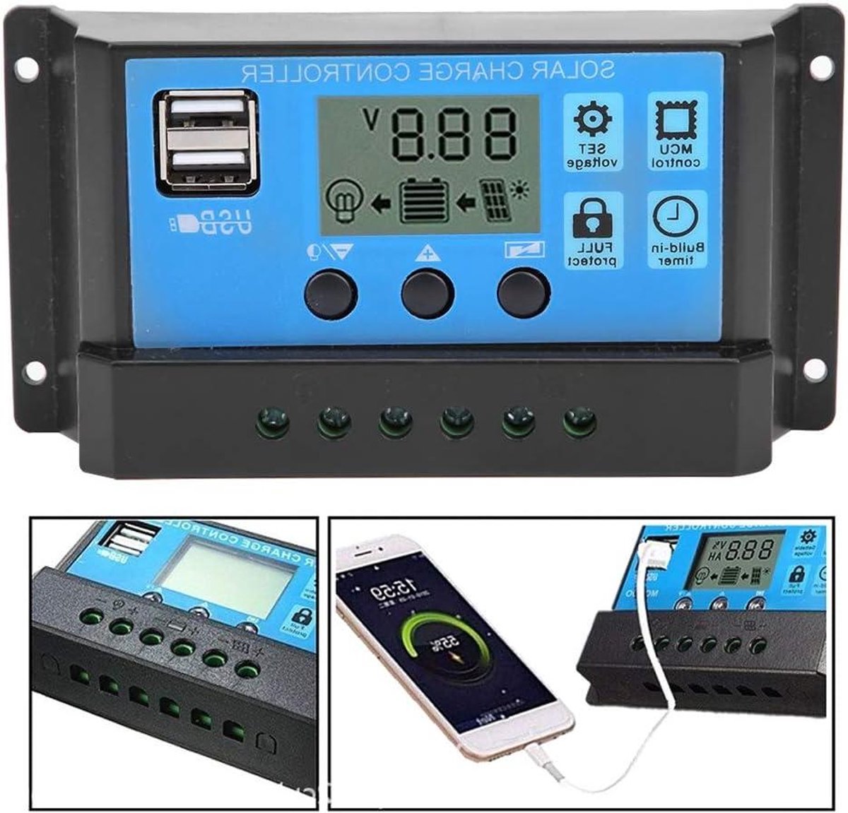 Zonne Laadregelaar - Solar Controller - Off-grid Systemen - LCD Display - 10A - Blauw