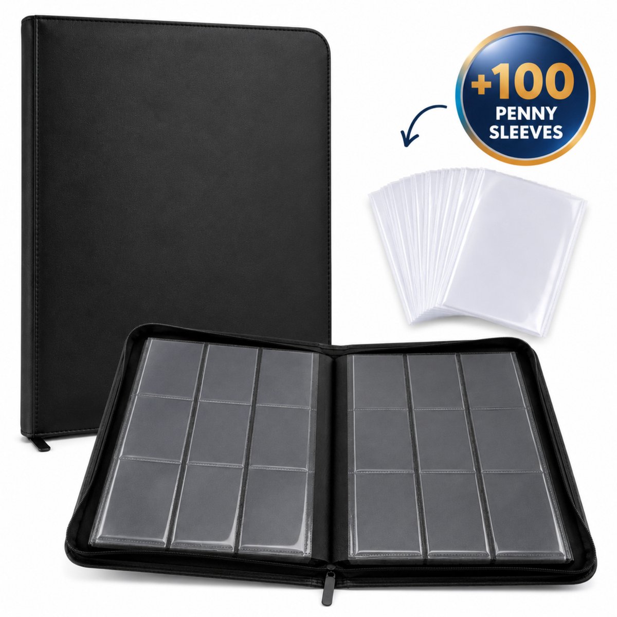 Toploader Binder 360 - Premium Verzamelmap - 9 Pocket Kunstleer met Ritssluiting – Trading Card Binder – Met 100 Penny Sleeves – Zwart