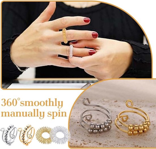 Fidget ring, anti-stress ring, angst spinning met parels, antistress ring voor dames, spinner, open spinner, vrouwen, angst stressring, angst stressring, 8 stuks — afbeelding 4
