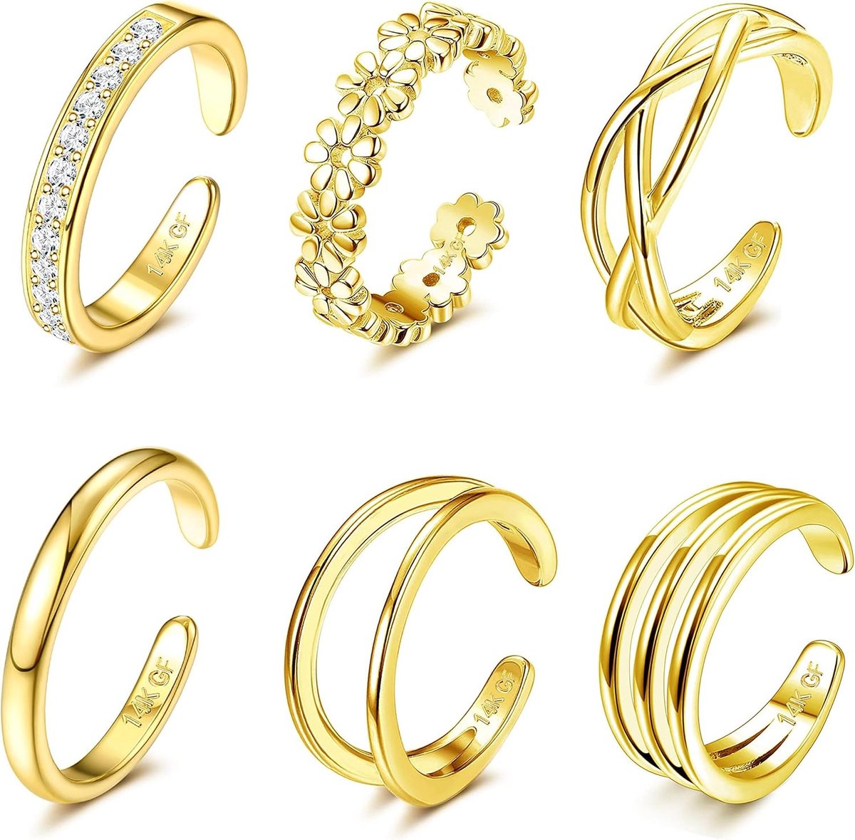 Set van 6 stuks 14 K Gevulde teenringen, verstelbare teenringen, set voor dames en meisjes, CZ hart, open teenringen, zomer, strand, voetsieraad